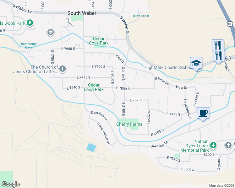 map of restaurants, bars, coffee shops, grocery stores, and more near 7842 South Cedar Loop Drive in South Weber