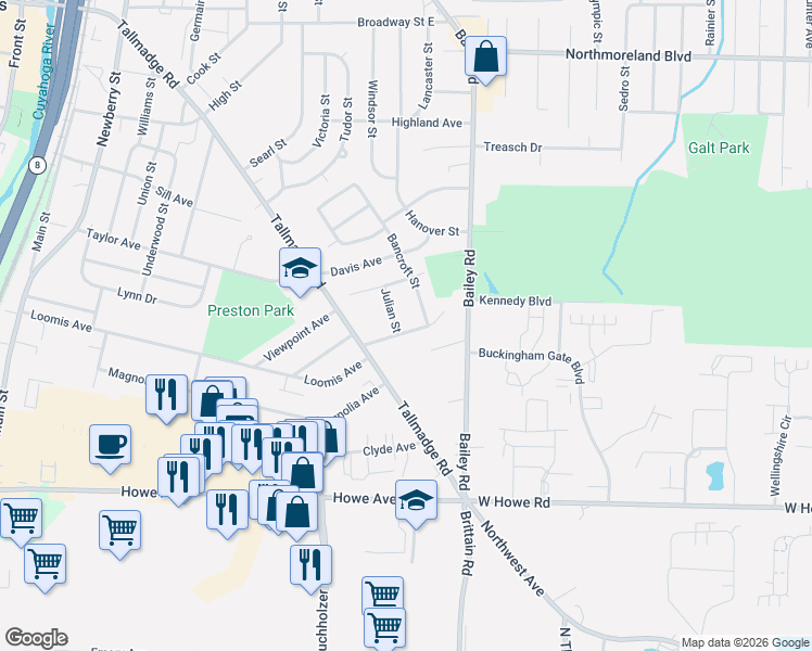 map of restaurants, bars, coffee shops, grocery stores, and more near 947 Elizabeth Court in Cuyahoga Falls