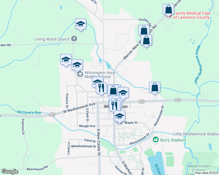 map of restaurants, bars, coffee shops, grocery stores, and more near 217 Church Street in New Wilmington