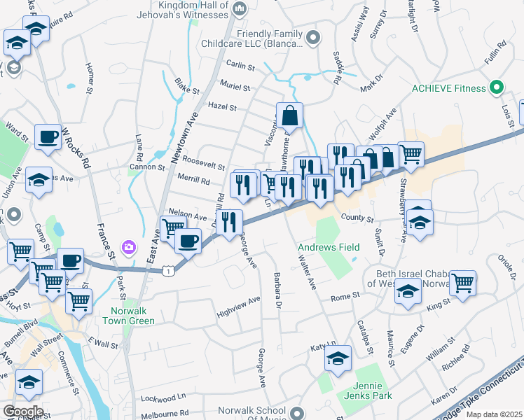 map of restaurants, bars, coffee shops, grocery stores, and more near 181 Westport Avenue in Norwalk