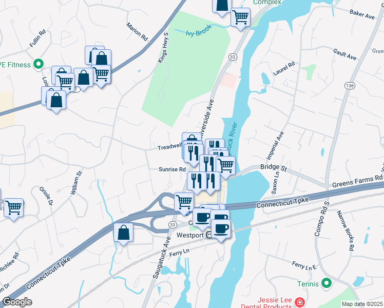 map of restaurants, bars, coffee shops, grocery stores, and more near 20 Saugatuck Ave in Westport