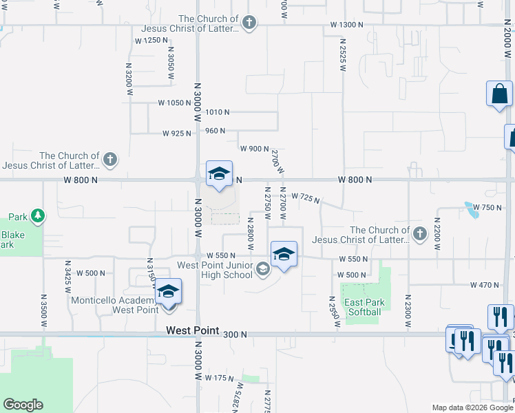 map of restaurants, bars, coffee shops, grocery stores, and more near 2776 West 650 North in West Point