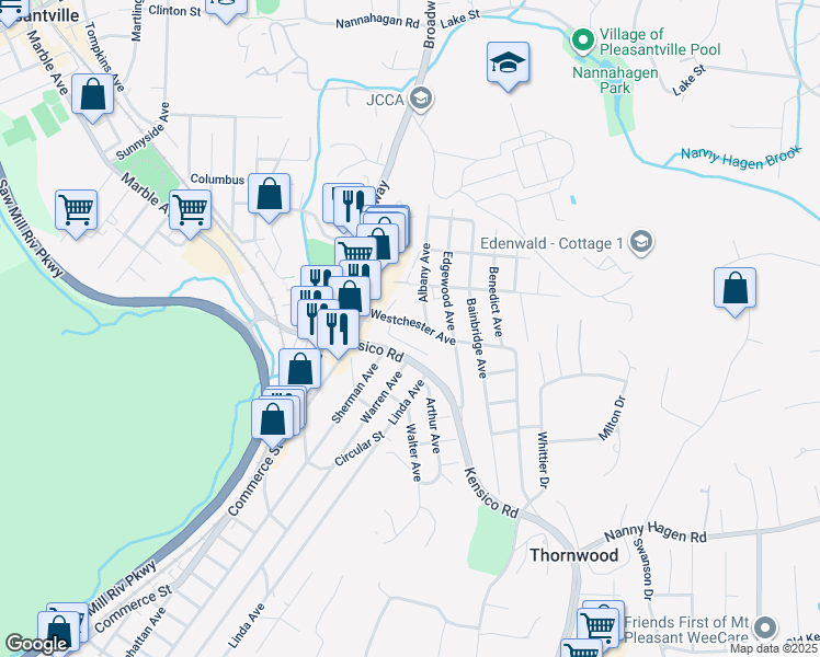 map of restaurants, bars, coffee shops, grocery stores, and more near 60 Westchester Avenue in Thornwood