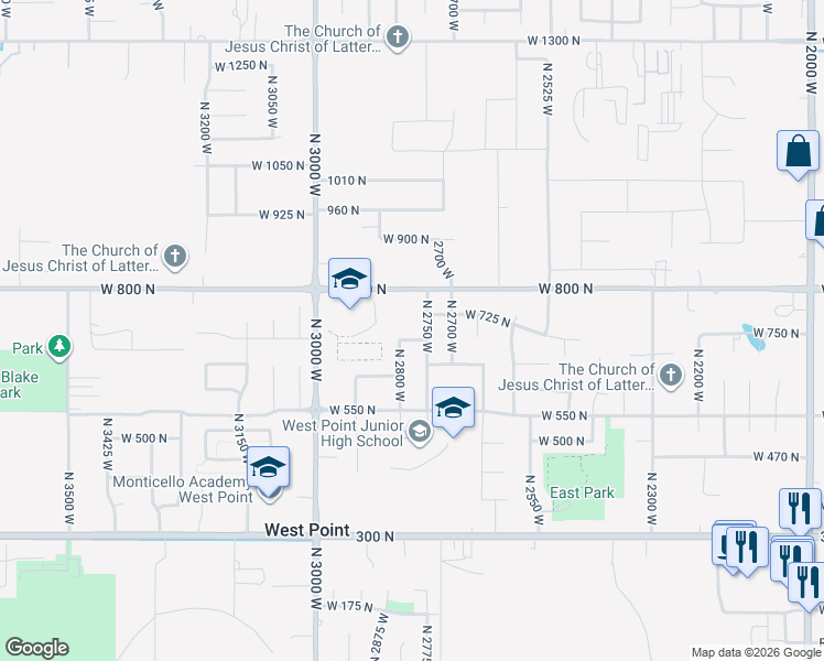 map of restaurants, bars, coffee shops, grocery stores, and more near 2776 W 650 N in West Point