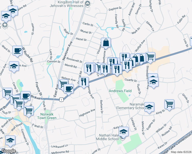 map of restaurants, bars, coffee shops, grocery stores, and more near 179 Westport Avenue in Norwalk