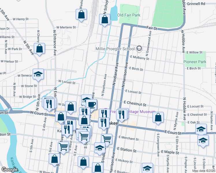 map of restaurants, bars, coffee shops, grocery stores, and more near 367 East Locust Street in Kankakee