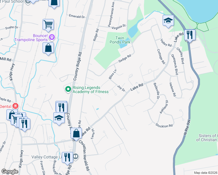 map of restaurants, bars, coffee shops, grocery stores, and more near 12 Gleeful Lane in Valley Cottage