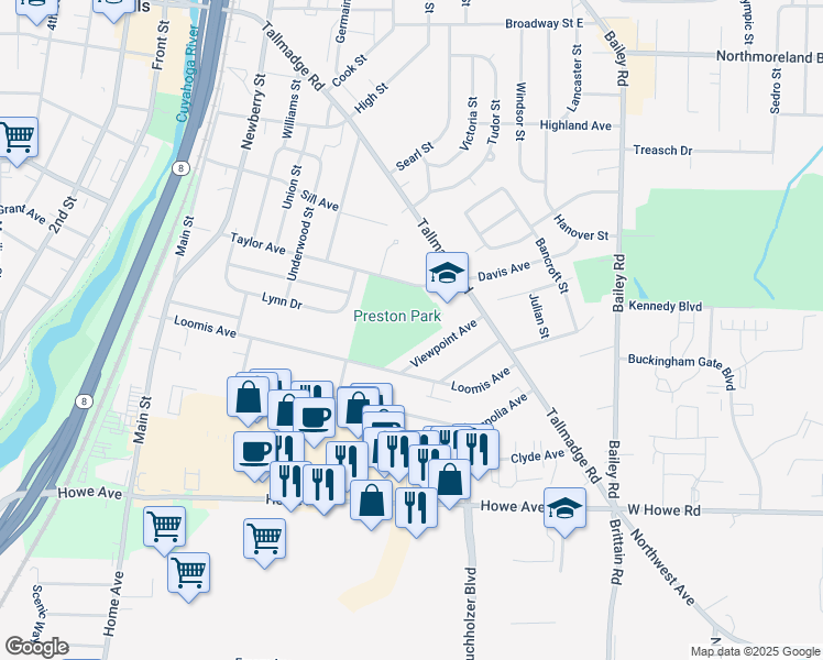 map of restaurants, bars, coffee shops, grocery stores, and more near 800 Tallmadge Road in Cuyahoga Falls