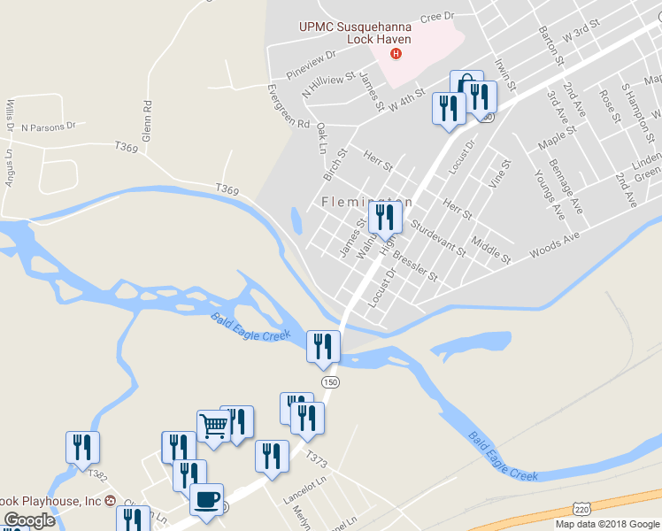 map of restaurants, bars, coffee shops, grocery stores, and more near 605 Huston Street in Lock Haven