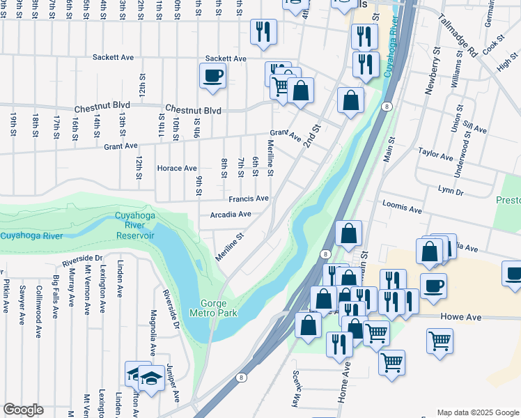 map of restaurants, bars, coffee shops, grocery stores, and more near 1408 Meriline Street in Cuyahoga Falls