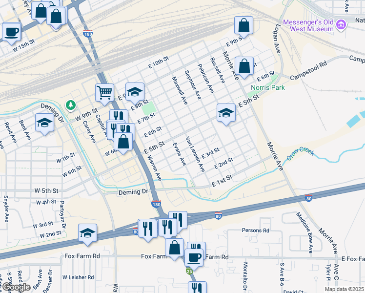 map of restaurants, bars, coffee shops, grocery stores, and more near 408 East 4th Street in Cheyenne
