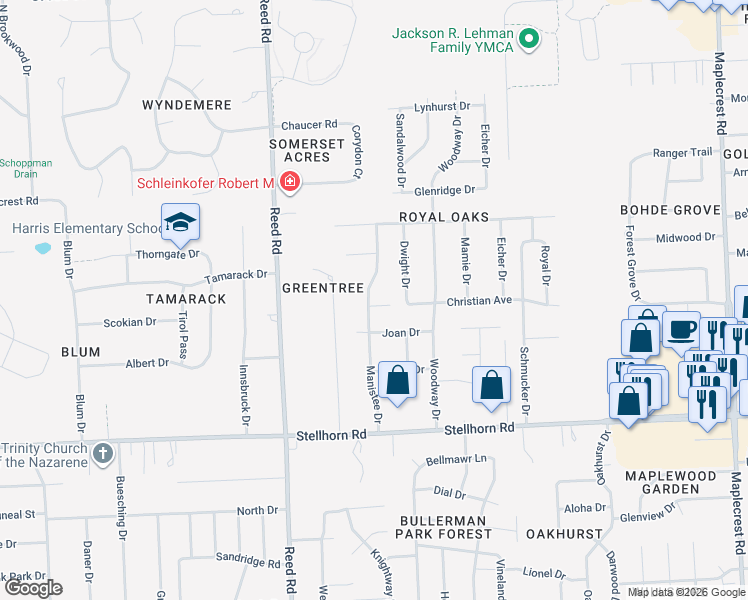 map of restaurants, bars, coffee shops, grocery stores, and more near 5107 Christian Avenue in Fort Wayne