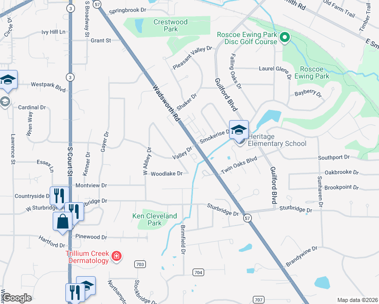 map of restaurants, bars, coffee shops, grocery stores, and more near 536 Valley Drive in Medina