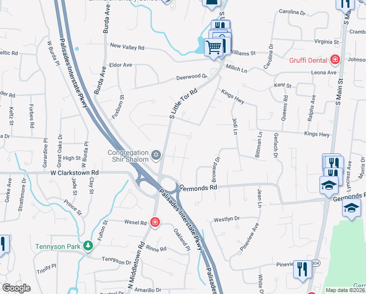 map of restaurants, bars, coffee shops, grocery stores, and more near 15 Blue Willow Lane in New City