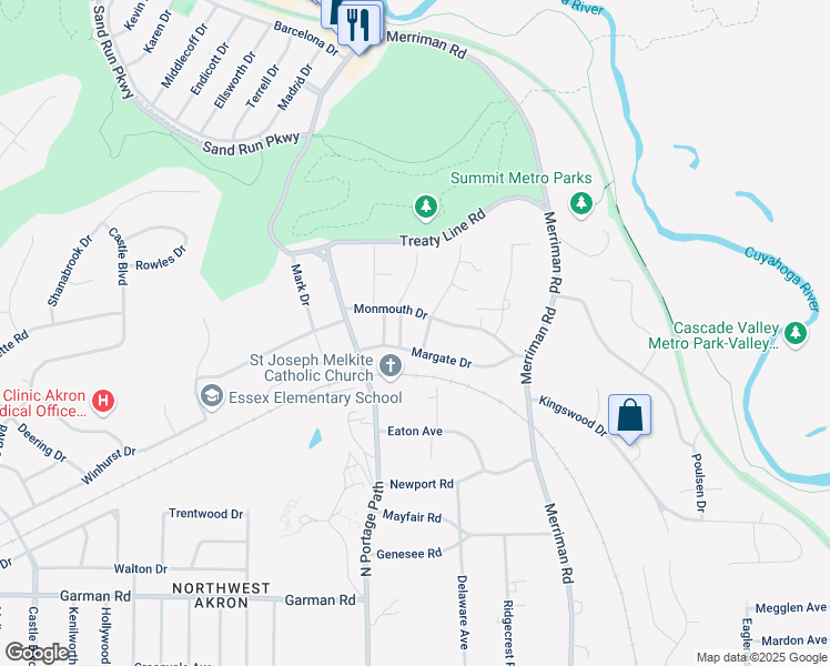 map of restaurants, bars, coffee shops, grocery stores, and more near 917 Perry Drive in Akron