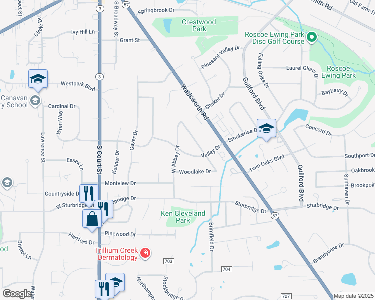 map of restaurants, bars, coffee shops, grocery stores, and more near 431 Valley Drive in Medina