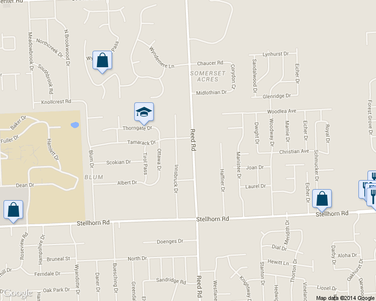 map of restaurants, bars, coffee shops, grocery stores, and more near 4839 Reed Road in Fort Wayne