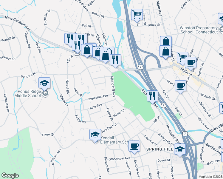 map of restaurants, bars, coffee shops, grocery stores, and more near 104 Spring Hill Avenue in Norwalk