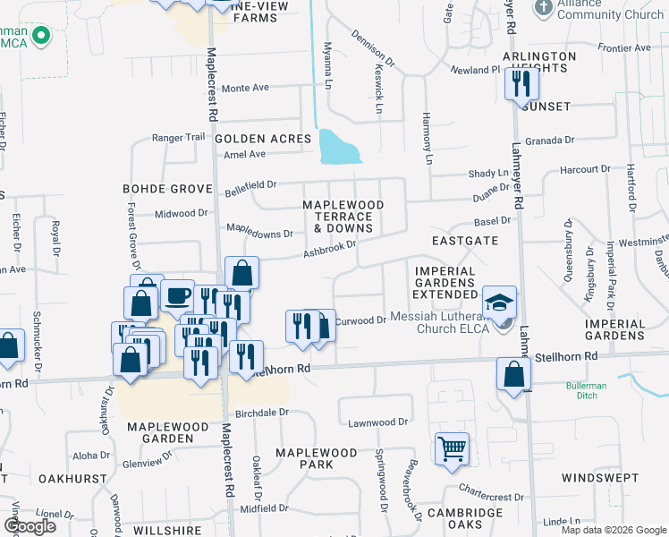 map of restaurants, bars, coffee shops, grocery stores, and more near 4731 Maple Terrace Parkway in Fort Wayne