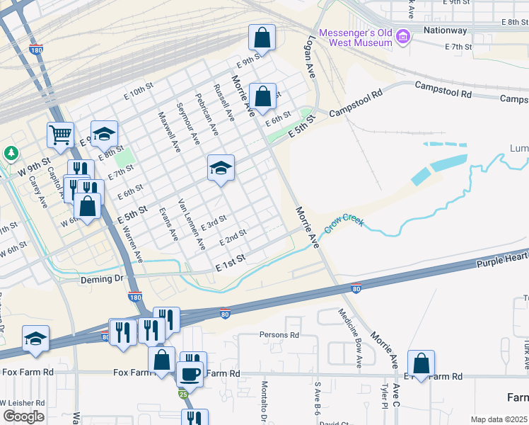 map of restaurants, bars, coffee shops, grocery stores, and more near 806 1/2 East 2nd Street in Cheyenne