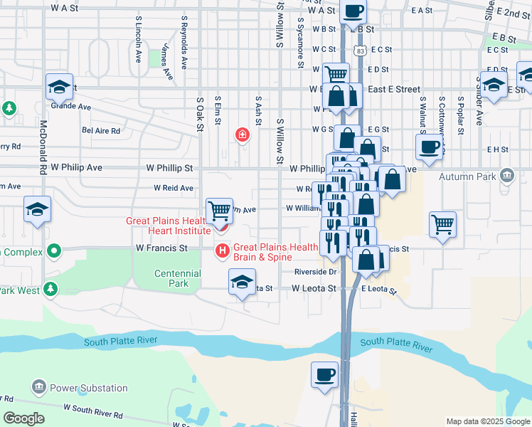 map of restaurants, bars, coffee shops, grocery stores, and more near 416 West William Avenue in North Platte