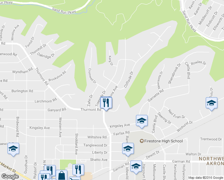 map of restaurants, bars, coffee shops, grocery stores, and more near 548 North Hawkins Avenue in Akron