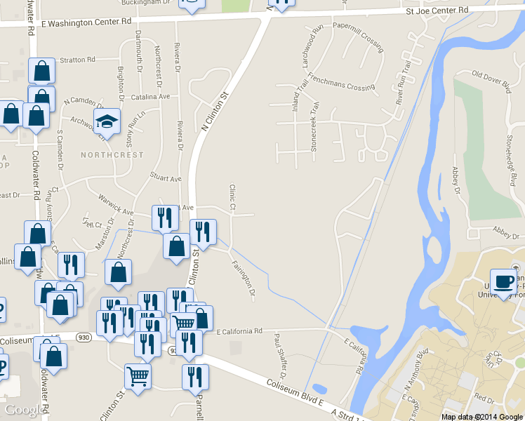 map of restaurants, bars, coffee shops, grocery stores, and more near 1405 Medical Park Drive in Fort Wayne