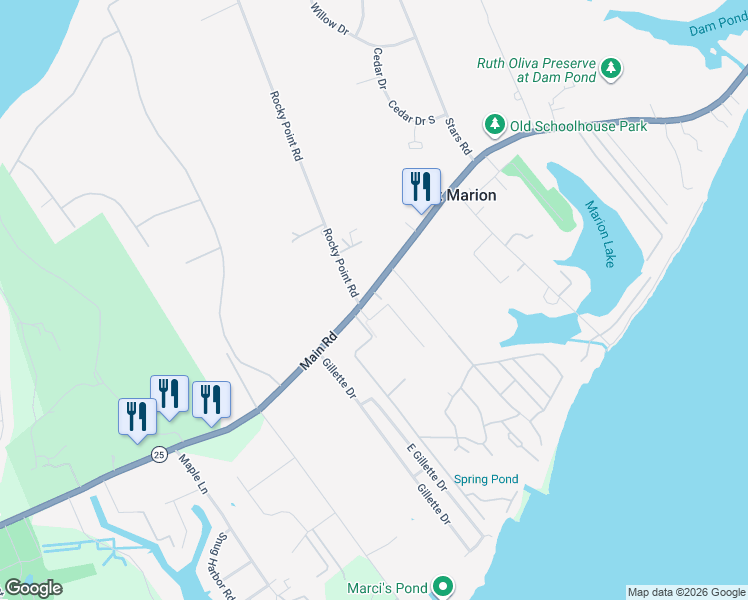 map of restaurants, bars, coffee shops, grocery stores, and more near 7720 Main Road in East Marion
