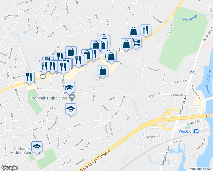 map of restaurants, bars, coffee shops, grocery stores, and more near 92 County Street in Norwalk
