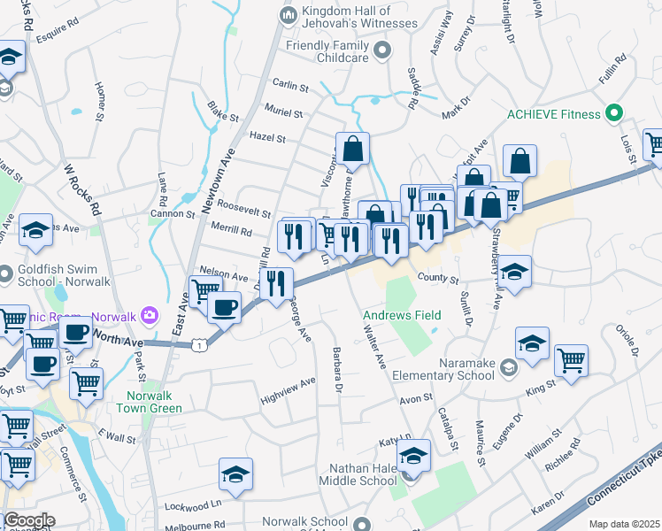 map of restaurants, bars, coffee shops, grocery stores, and more near 179 Westport Avenue in Norwalk