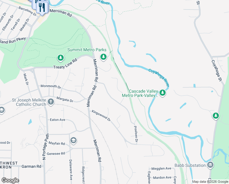 map of restaurants, bars, coffee shops, grocery stores, and more near 1192 Woodsview Drive in Akron