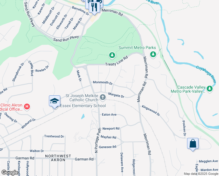 map of restaurants, bars, coffee shops, grocery stores, and more near 917 Perry Drive in Akron