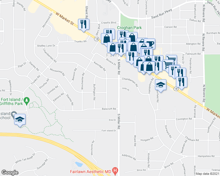 map of restaurants, bars, coffee shops, grocery stores, and more near 142 South Miller Road in Fairlawn