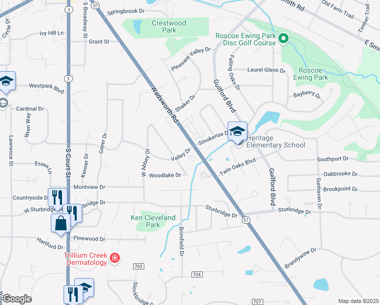 map of restaurants, bars, coffee shops, grocery stores, and more near 536 Valley Drive in Medina
