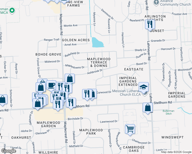 map of restaurants, bars, coffee shops, grocery stores, and more near 4731 Maple Terrace Parkway in Fort Wayne