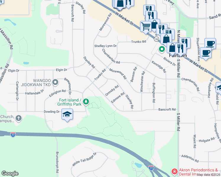 map of restaurants, bars, coffee shops, grocery stores, and more near 340 Ormsby Road in Fairlawn