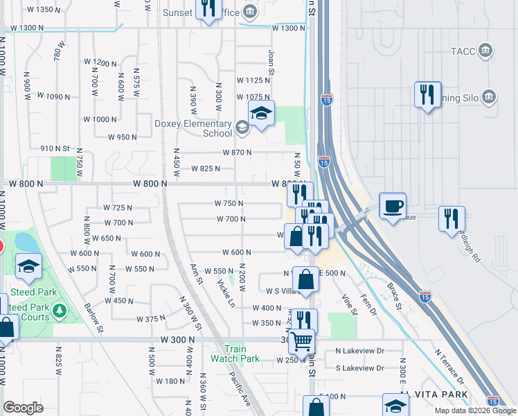 map of restaurants, bars, coffee shops, grocery stores, and more near 150 West 750 North in Clearfield