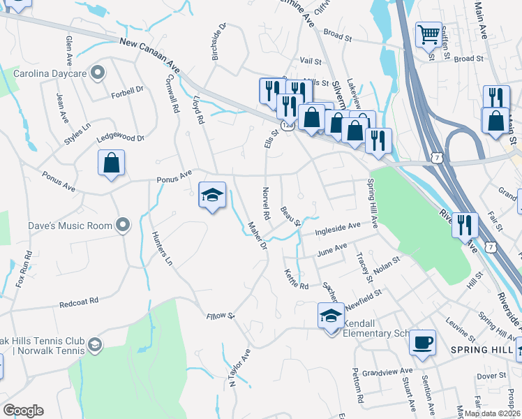 map of restaurants, bars, coffee shops, grocery stores, and more near 20 Norvel Road in Norwalk