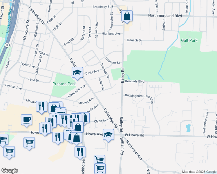 map of restaurants, bars, coffee shops, grocery stores, and more near 947 Elizabeth Court in Cuyahoga Falls