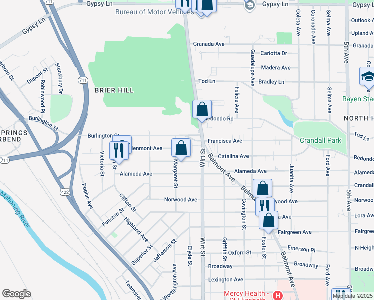 map of restaurants, bars, coffee shops, grocery stores, and more near 975 Glenmont Avenue in Youngstown