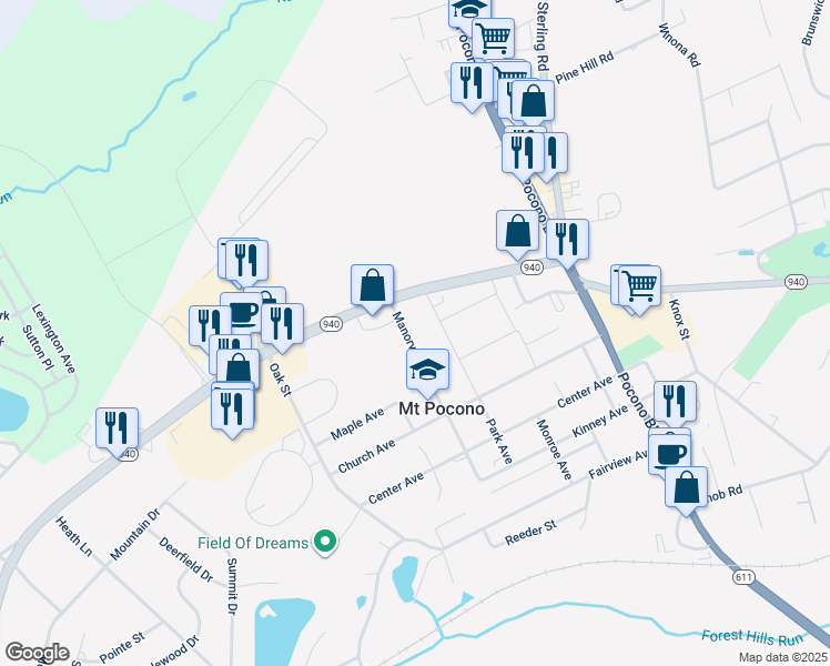 map of restaurants, bars, coffee shops, grocery stores, and more near 437 Manorview Avenue in Mount Pocono