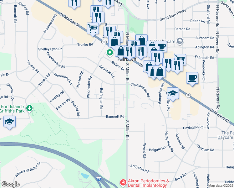map of restaurants, bars, coffee shops, grocery stores, and more near 289 Kenridge Road in Fairlawn