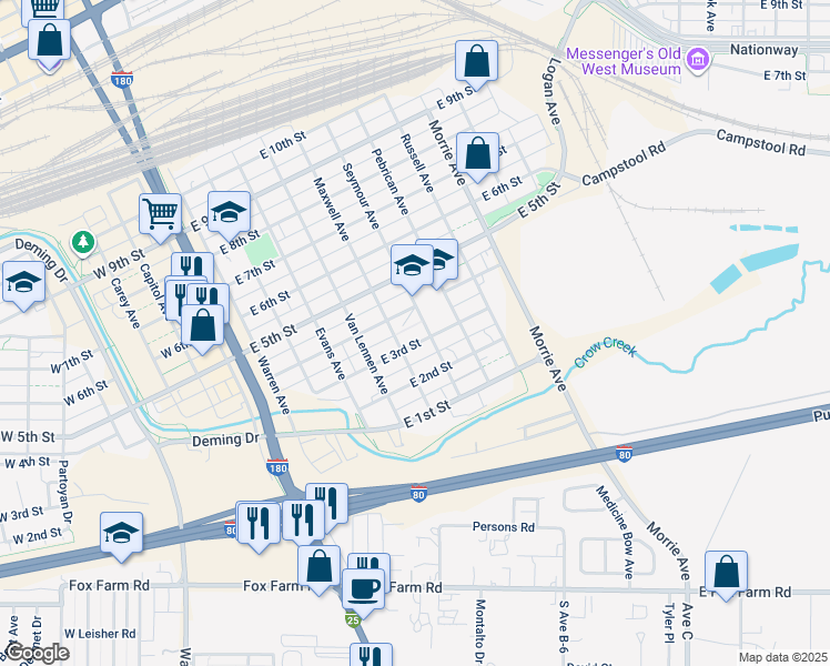 map of restaurants, bars, coffee shops, grocery stores, and more near 614 East 3rd Street in Cheyenne