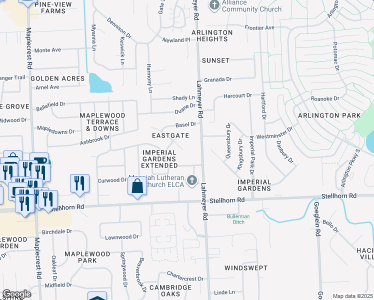 map of restaurants, bars, coffee shops, grocery stores, and more near 4702 Belvidere Drive in Fort Wayne