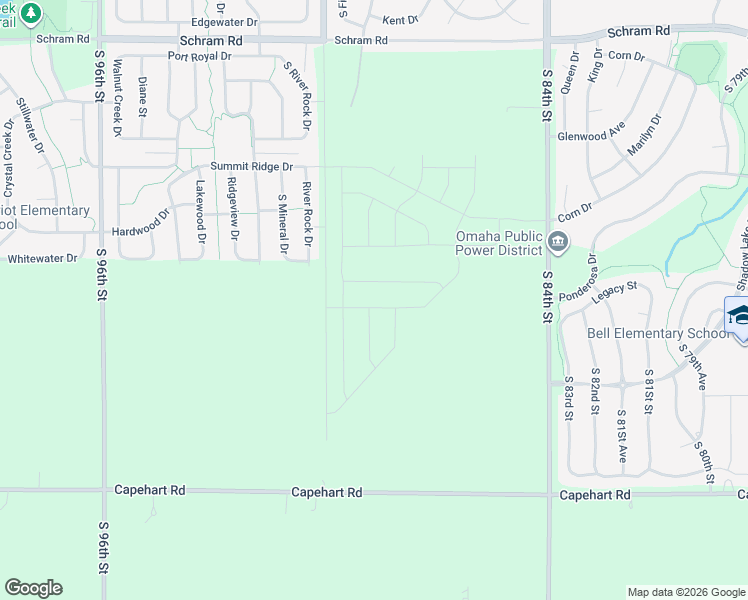 map of restaurants, bars, coffee shops, grocery stores, and more near 2417 River Rock Drive in Papillion