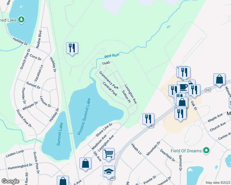 map of restaurants, bars, coffee shops, grocery stores, and more near 1322 Central Park in Pocono Summit