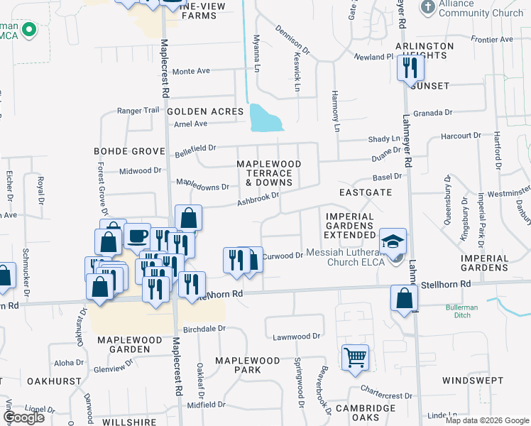 map of restaurants, bars, coffee shops, grocery stores, and more near 4731 Maple Terrace Parkway in Fort Wayne