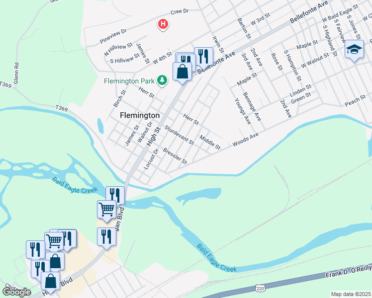 map of restaurants, bars, coffee shops, grocery stores, and more near 321 Wright Street in Lock Haven