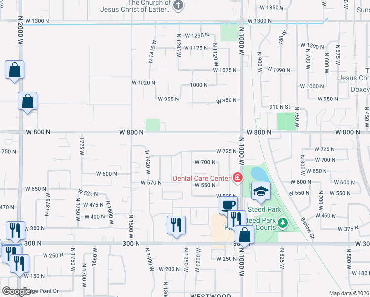map of restaurants, bars, coffee shops, grocery stores, and more near 1254 West 725 North in Clinton