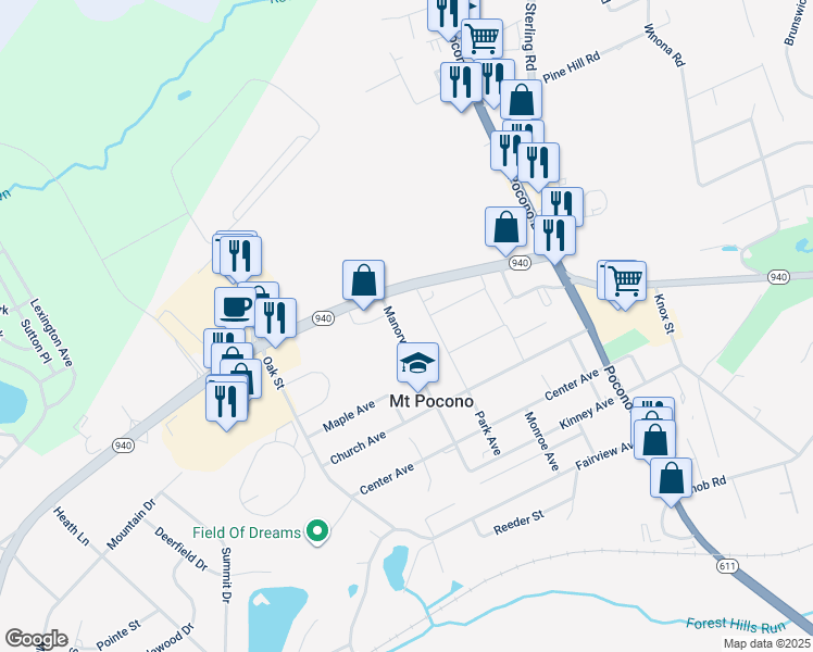 map of restaurants, bars, coffee shops, grocery stores, and more near 437 Manorview Avenue in Mount Pocono